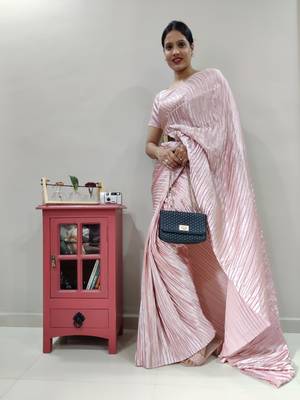 Light coral Peated pre-stitched satin saree WITH UN-STITCHED BLOUSE 3