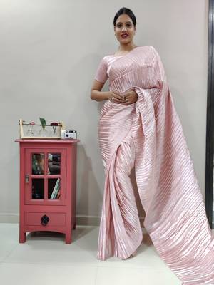 Light coral Peated pre-stitched satin saree WITH UN-STITCHED BLOUSE 4