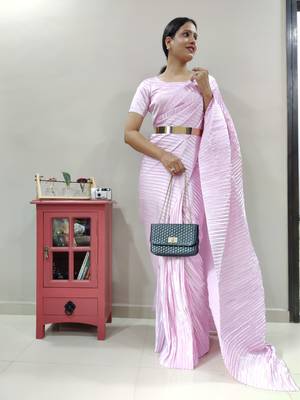 Light baby pink Pleated Pre Stitched satin saree WITH UN-STITCHED BLOUSE 1