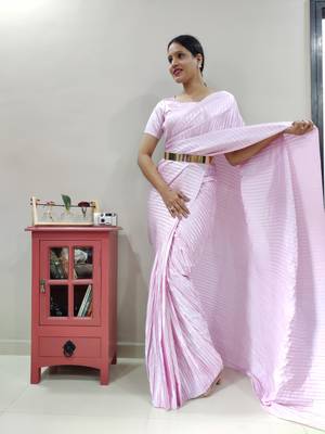 Light baby pink Pleated Pre Stitched satin saree WITH UN-STITCHED BLOUSE 2