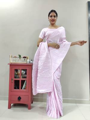 Light baby pink Pleated Pre Stitched satin saree WITH UN-STITCHED BLOUSE 3