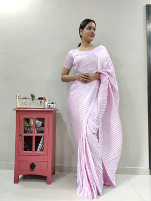 Light baby pink Pleated Pre Stitched satin saree WITH UN-STITCHED BLOUSE 4