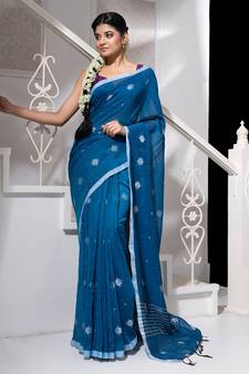 Sapphire Blue cotton Handloom saree with white flower butta