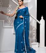 Sapphire Blue cotton Handloom saree with white flower butta