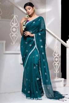 Teal cotton Handloom saree with white flower butta
