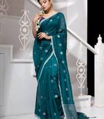 Teal cotton Handloom saree with white flower butta