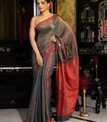 Shadow Grey Tissue woven handloom saree with Red pallu
