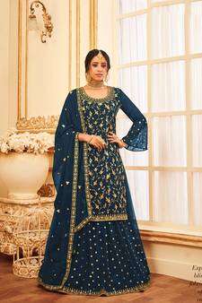 Dark Teal Color Embroidered Georgette Trendy Salwar Kameez