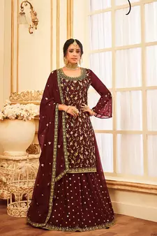 Wine Color Embroidered Georgette Trendy Salwar Kameez