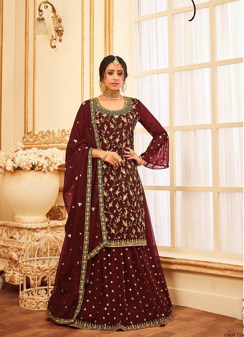Wine Color Embroidered Trendy Salwar Kameez Hirpara House