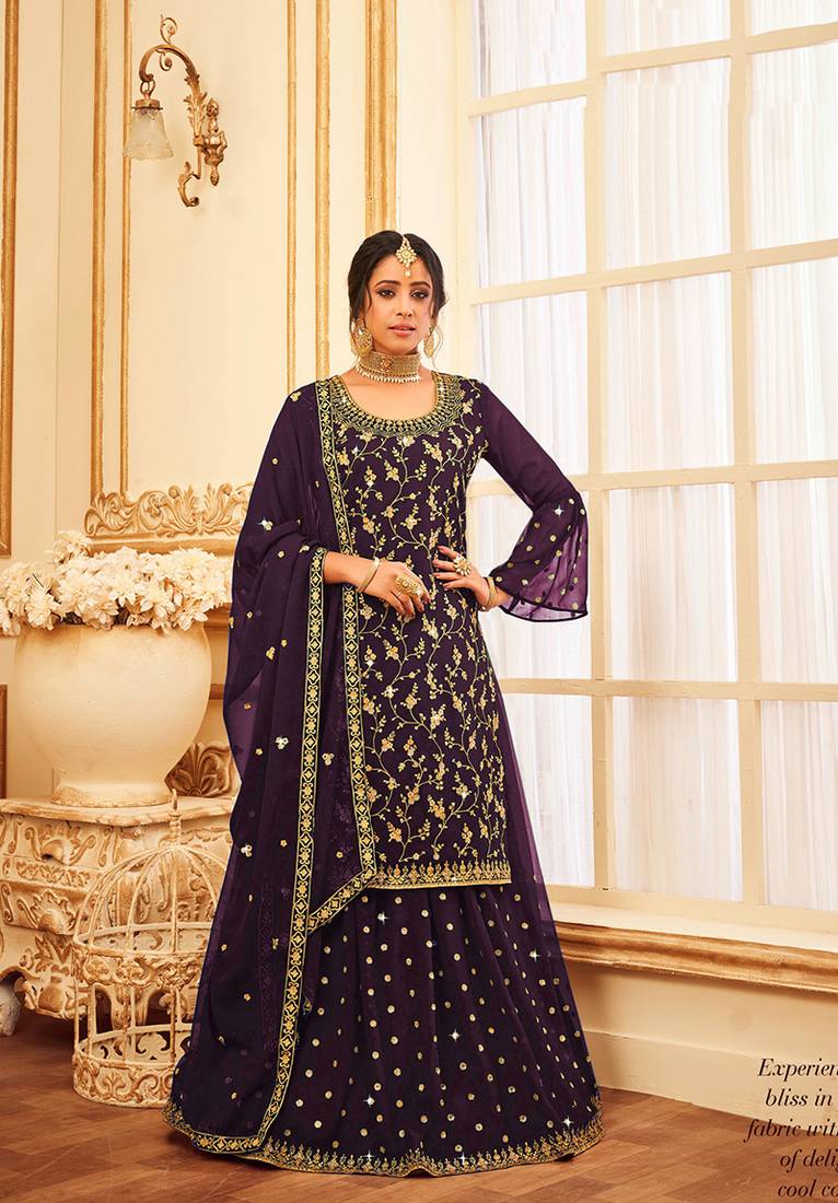 Dark Lavender Color Embroidered Georgette Trendy Salwar Kameez