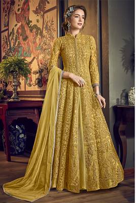 Mustard Wedding Net Anarkali Salwar Kameez 1