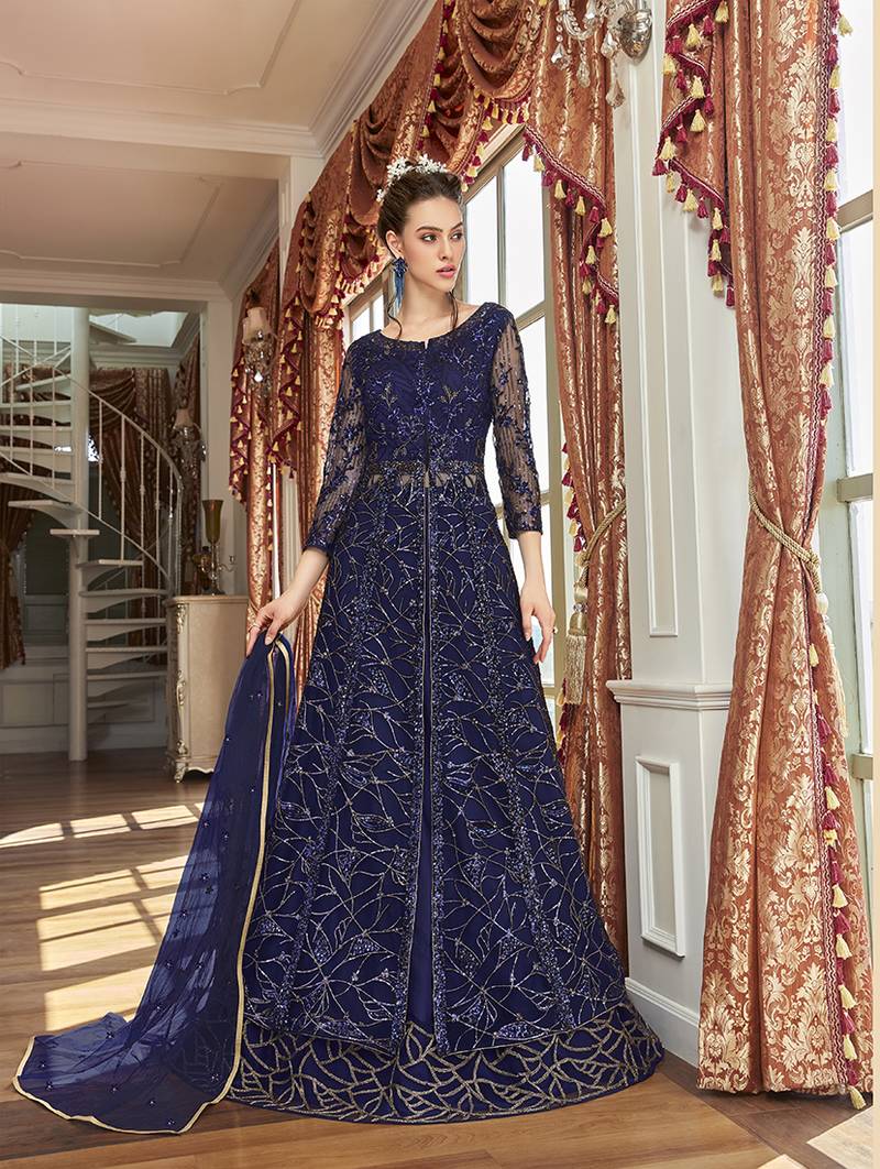 navy blue anarkali dress Navy Blue Anarkali Suit Set for Women Elegant Indian Party Wear Dress with Dupatta Long Kurta Set Indian Wedding Functions outfit