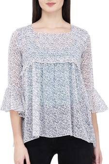 Popwings White  Grey Floral Print Chiffon Cinched Waist Top