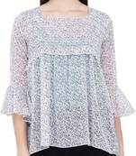 Popwings White  Grey Floral Print Chiffon Cinched Waist Top