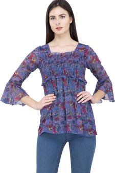 Popwings Women Blue Floral Print Chiffon Peplum Top
