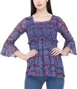 Popwings Women Blue Floral Print Chiffon Peplum Top