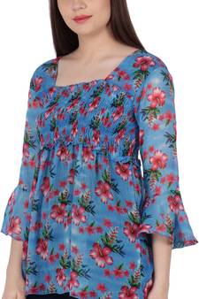 Popwings Blue Floral Print Chiffon Smocked Peplum Top