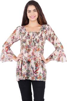 Popwings Cream-Coloured  Red Floral Print Smocked Chiffon Top