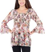 Popwings Cream-Coloured  Red Floral Print Smocked Chiffon Top
