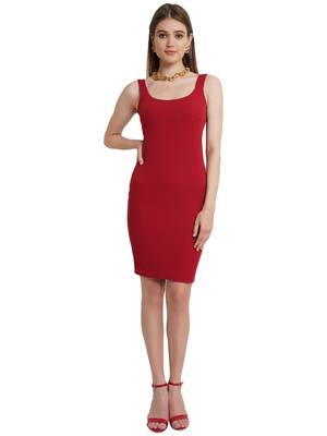 Popwings Women Maroon Knee Length Bodycon Strap Dress 1