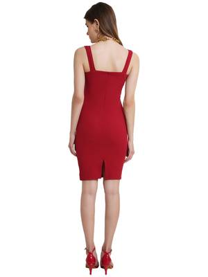 Popwings Women Maroon Knee Length Bodycon Strap Dress 3
