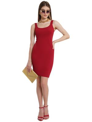 Popwings Women Maroon Knee Length Bodycon Strap Dress 6