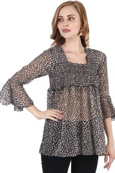 Popwings Brown  Black Animal Print Smocked Chiffon Empire Top