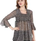 Popwings Brown  Black Animal Print Smocked Chiffon Empire Top