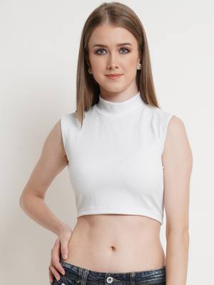 Popwings Women White Turtle Neck Crop Top 1