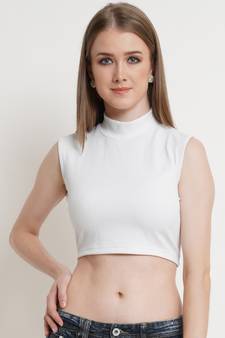 Popwings Women White Turtle Neck Crop Top