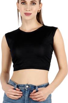 Popwings Women Casual Black Wrinkle Crop Top