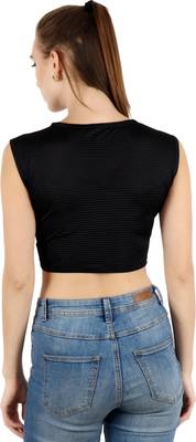Popwings Women Casual Black Wrinkle Crop Top 2