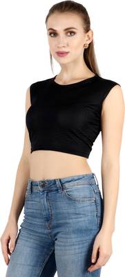 Popwings Women Casual Black Wrinkle Crop Top 3