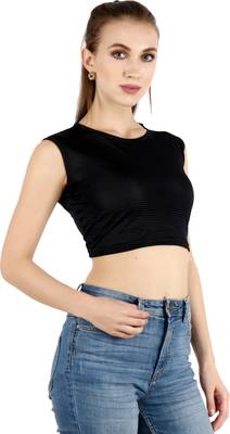 Popwings Women Casual Black Wrinkle Crop Top 4