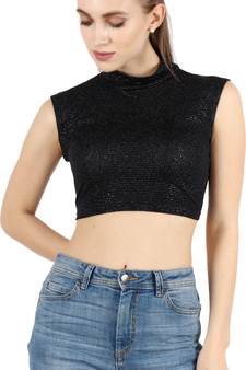 Popwings Black Embellished Shimmer Wrinkle Fitted Knitted Crop Top