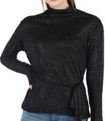Popwings Women Casual Black Shimmer Cinched Waist Top