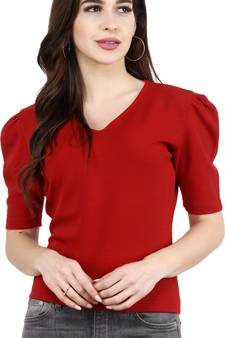 Women Casual Maroon Puff Sleeves V Neck Solid Top