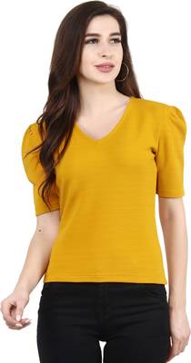 Women Casual Mustard Puff Sleeves V Neck Solid Top 1