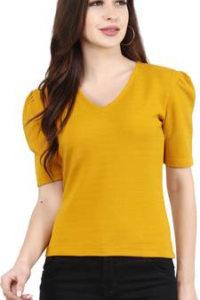 Women Casual Mustard Puff Sleeves V Neck Solid Top