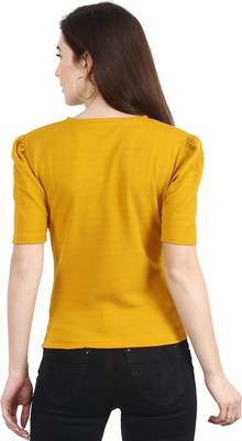 Women Casual Mustard Puff Sleeves V Neck Solid Top 2