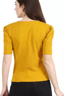 Women Casual Mustard Puff Sleeves V Neck Solid Top