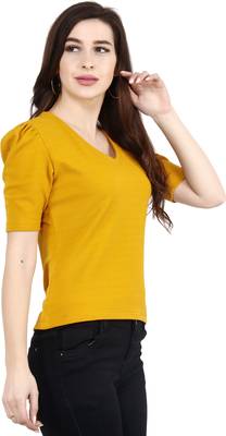 Women Casual Mustard Puff Sleeves V Neck Solid Top 3
