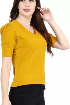 Women Casual Mustard Puff Sleeves V Neck Solid Top
