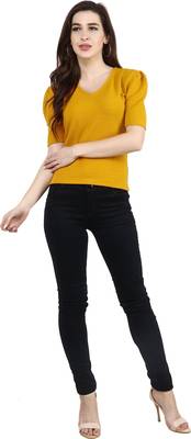Women Casual Mustard Puff Sleeves V Neck Solid Top 4