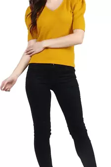 Women Casual Mustard Puff Sleeves V Neck Solid Top
