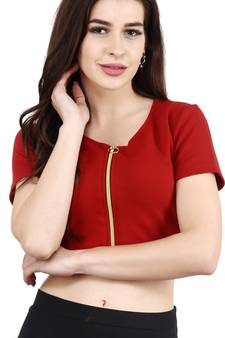 Popwings Women Casual Maroon Zip Crop Top