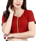 Popwings Women Casual Maroon Zip Crop Top