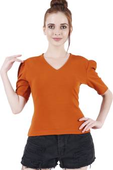 Women Casual Rust Puff Sleeves V Neck Solid Top