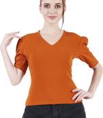Women Casual Rust Puff Sleeves V Neck Solid Top